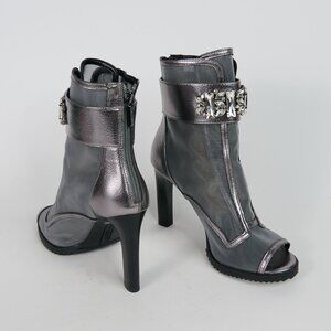 Karl Lagerfield Peep-toe Short Boot Gunmetal Gray Mesh w/Rhinestones - Size 8.5